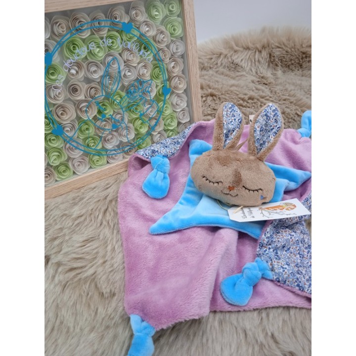 Doudou lapin Sacha mauve et bleu et Liberty Of london