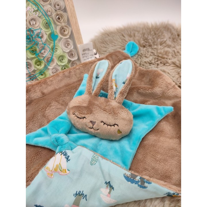 Doudou lapin Sacha beige et turquoise
