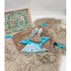 Doudou lapin Sacha beige et turquoise