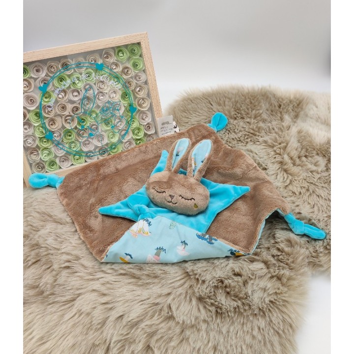 Doudou lapin Sacha beige et turquoise
